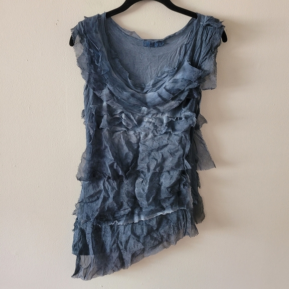 Made In Italy Silk Asymetrical Layered‎ Top One Size Washed Denim - Picture 1 of 9